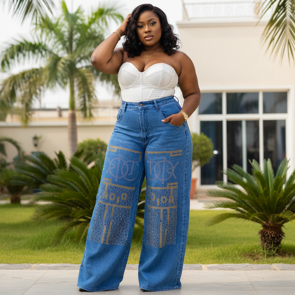 Women's rhinestone geometric panel wide-leg blue jeans – model front view