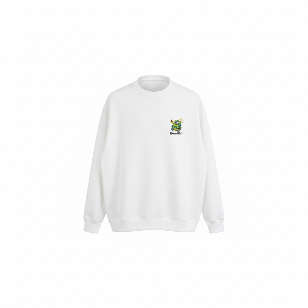 Unisex white sweatshirt with small green monster cartoon chest graphic – ghost mannequin front view