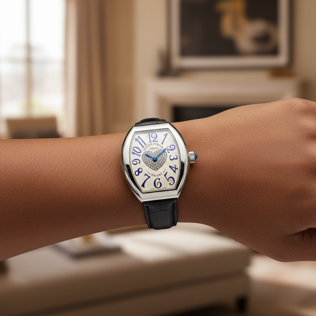 Women's silver plain bezel blue numeral crystal heart dial tonneau watch worn on Nigerian model wrist — lifestyle wrist shot