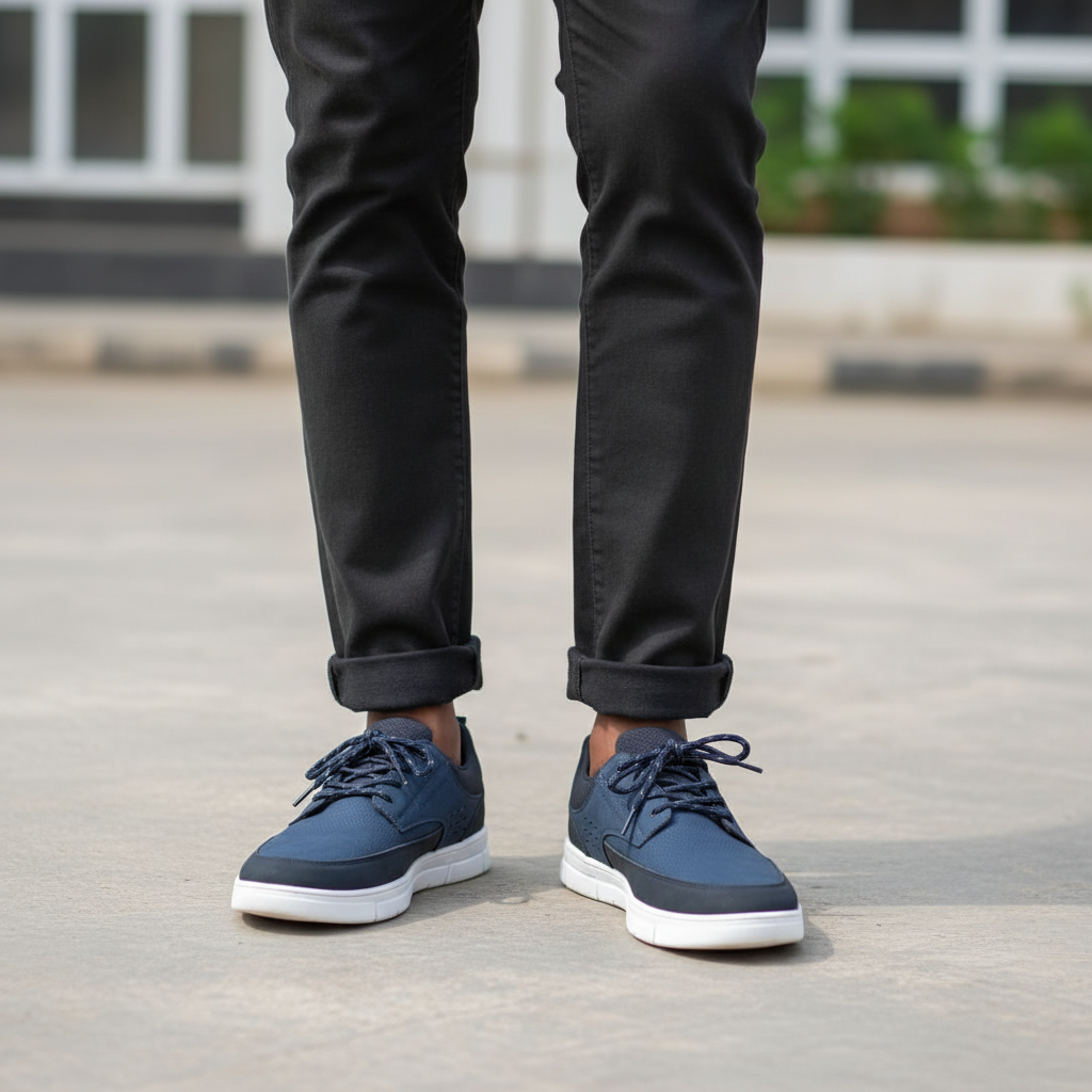 Nigerian male model wearing navy blue suede low-top casual sneakers, Gen Z street style leg shot