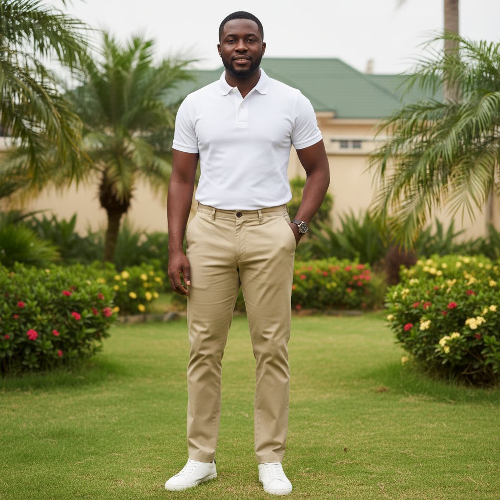 Nigerian male model wearing men's khaki beige chinos trousers