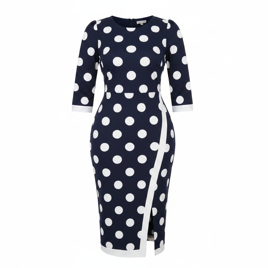 Ghost mannequin view of Women's Navy Blue Polka Dot 3/4 Sleeve Bodycon Midi Dress