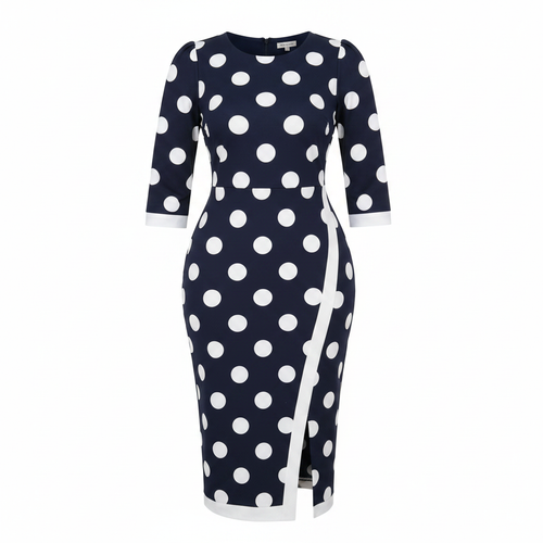 Ghost mannequin view of Women's Navy Blue Polka Dot 3/4 Sleeve Bodycon Midi Dress