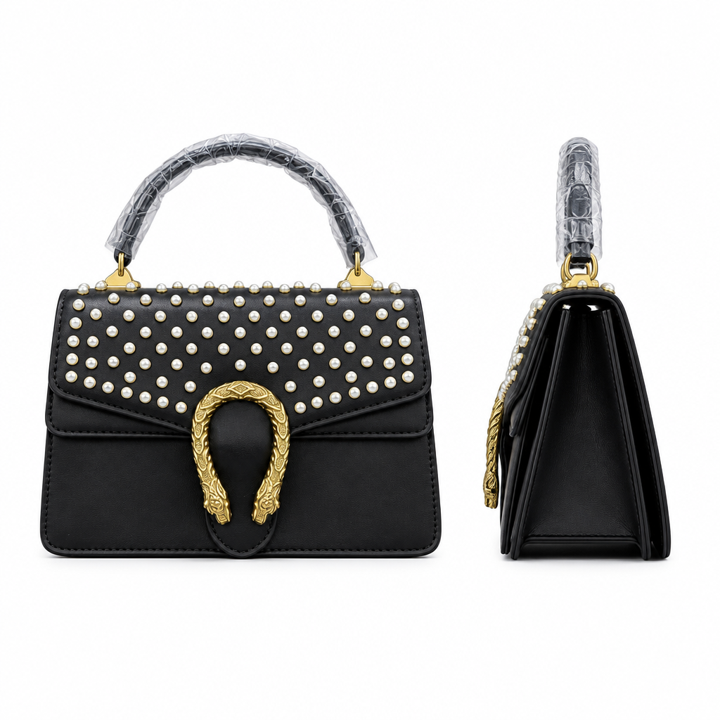 Black pearl-embellished top-handle bag front and side view