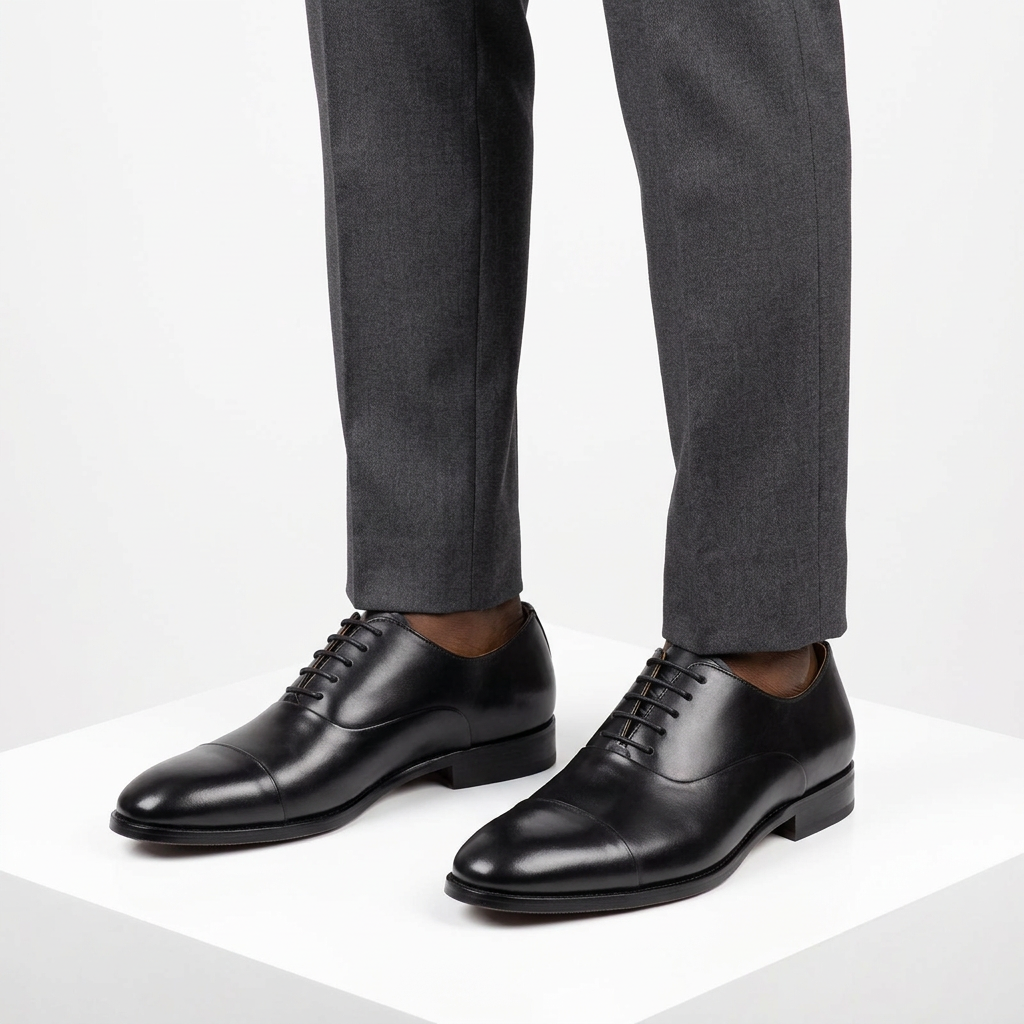 Black cap-toe Oxford shoes properly worn on both feet with charcoal trousers
