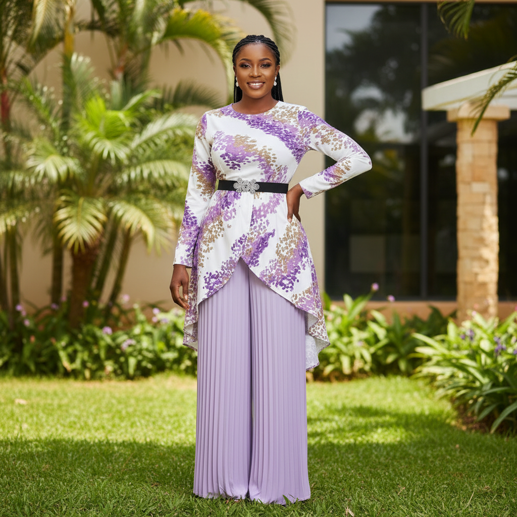 Nigerian female model wearing purple floral print top and lilac pleated palazzo trousers set