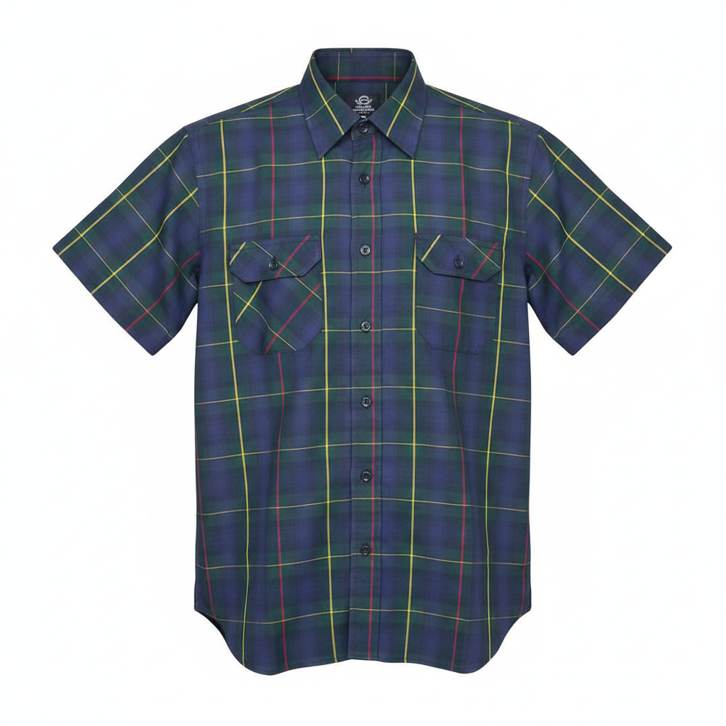 Ghost mannequin navy green tartan plaid short-sleeved shirt