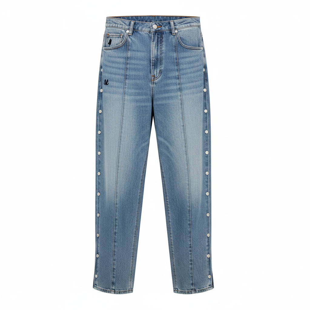 Men's light blue baggy wide-leg pintuck seam side snap button denim jeans ghost mannequin front view