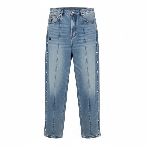 Men's light blue baggy wide-leg pintuck seam side snap button denim jeans ghost mannequin front view
