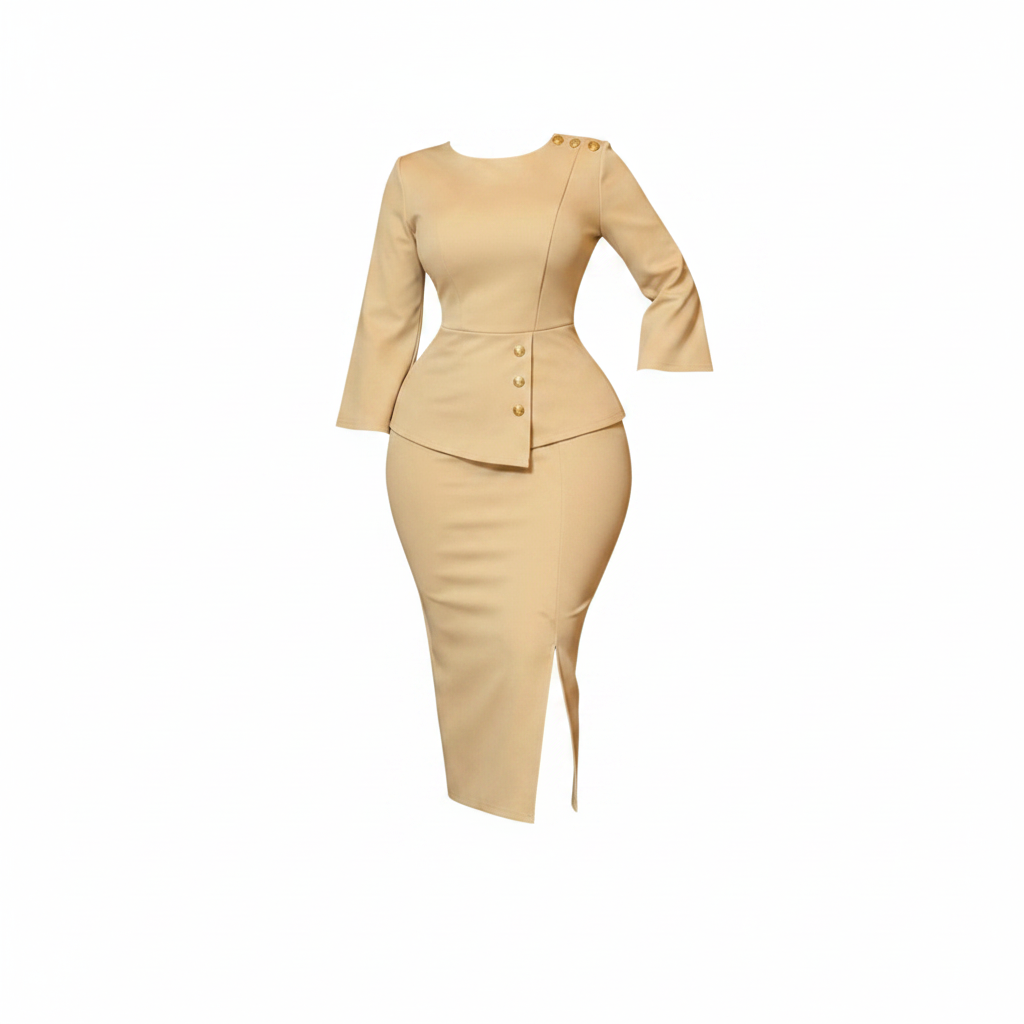 Women's beige structured peplum gold button co-ord set – ghost mannequin front view