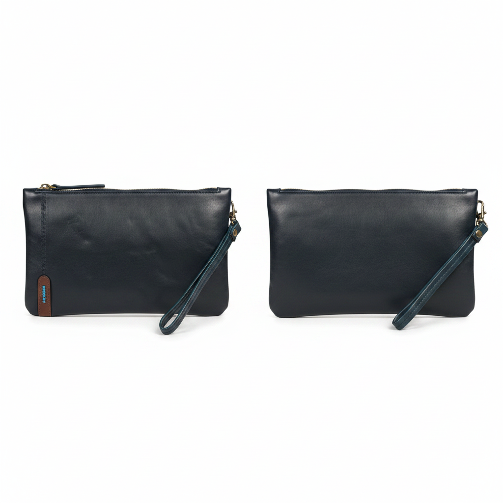 Mexican navy leather men's clutch ghost mannequin front and back view