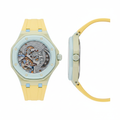 Unisex yellow and light blue octagonal skeleton pop watch with open dial showing colourful mechanical movement, front and side view