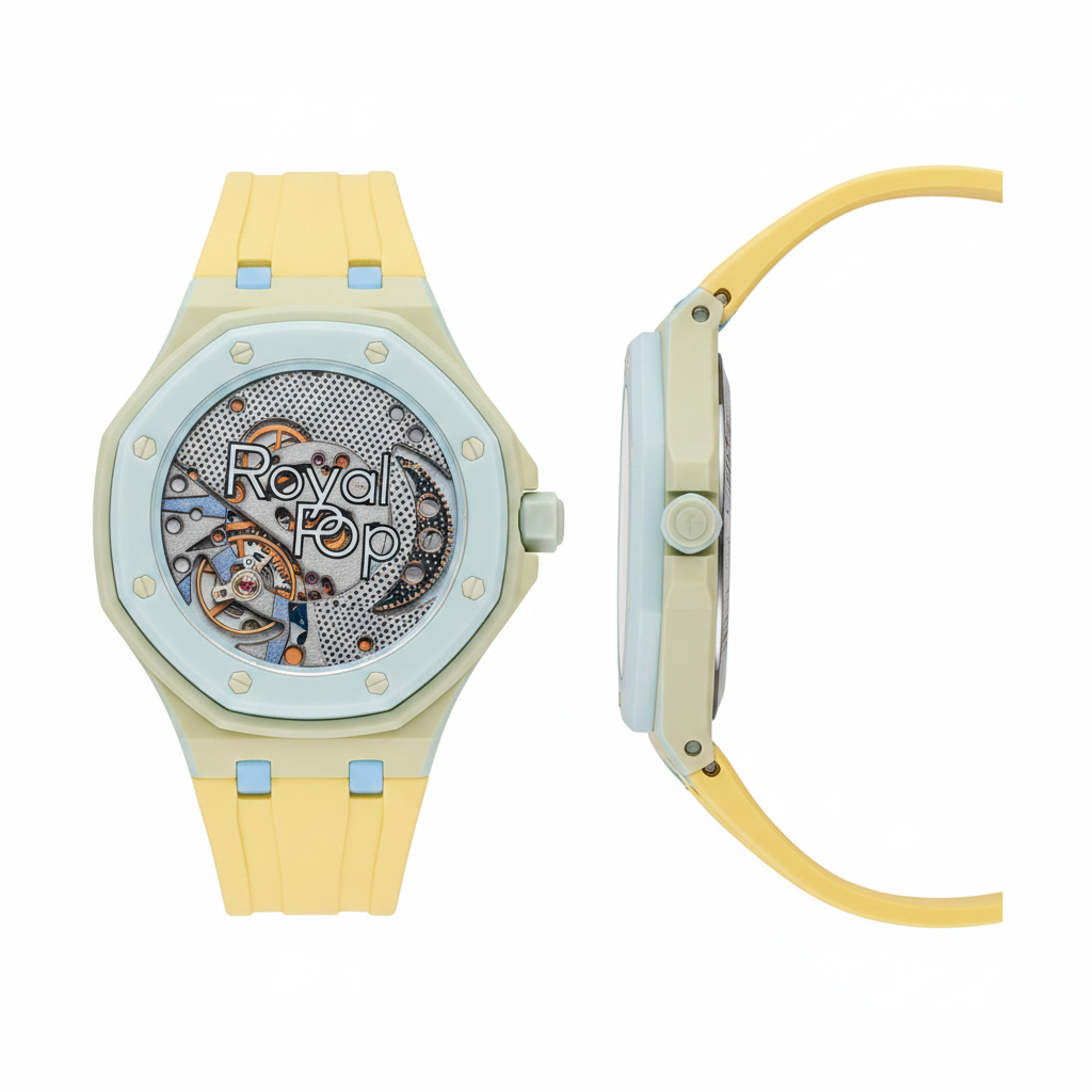 Unisex yellow and light blue octagonal skeleton pop watch with open dial showing colourful mechanical movement, front and side view