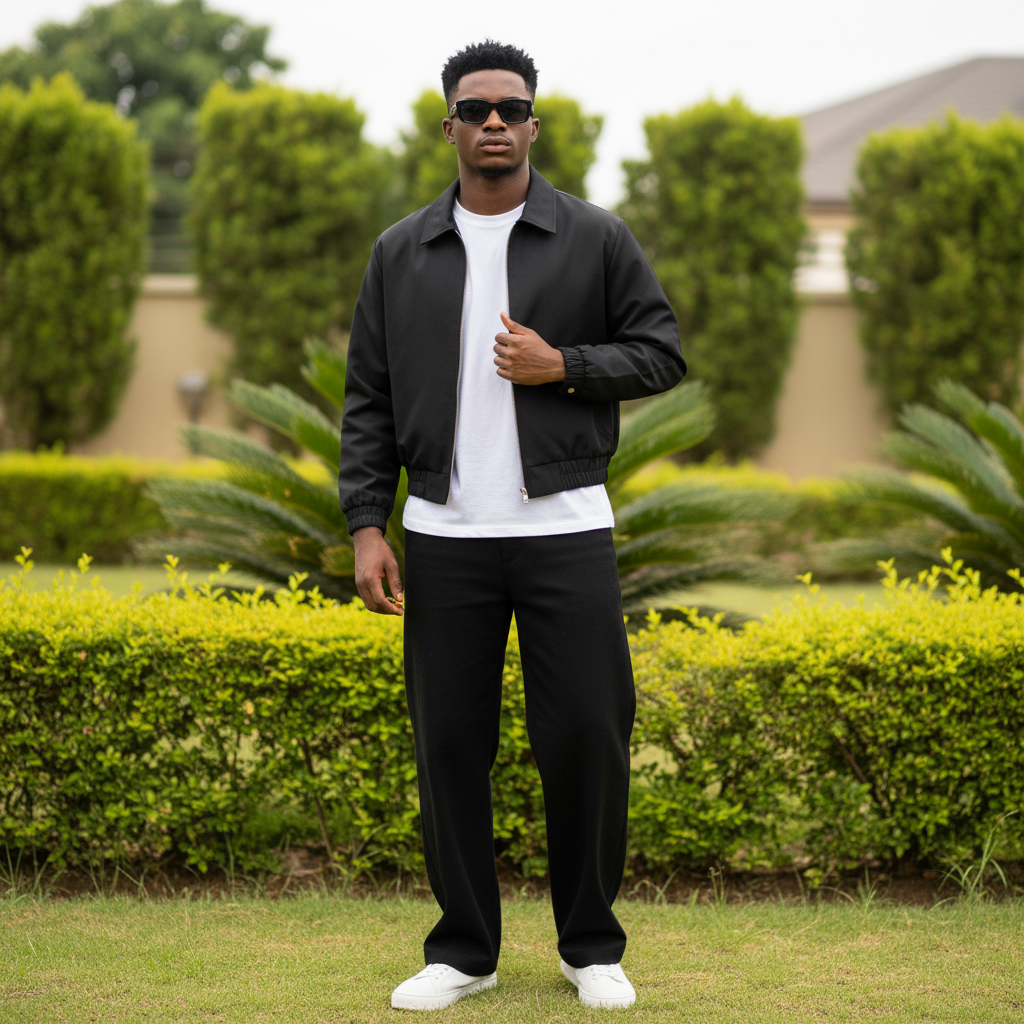 Nigerian male model wearing men's black cropped zip-up bomber jacket – lifestyle shot