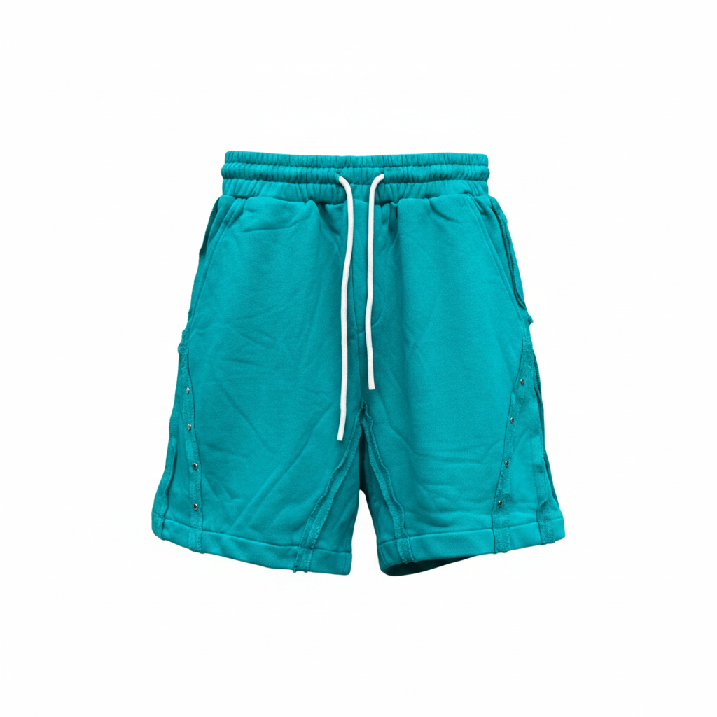 Men's vibrant teal snap-detail distressed sweat shorts — ghost mannequin front view