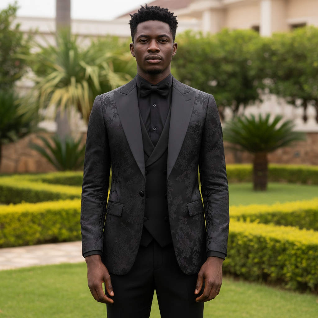 Nigerian male model wearing all-black floral damask jacquard tuxedo three-piece suit