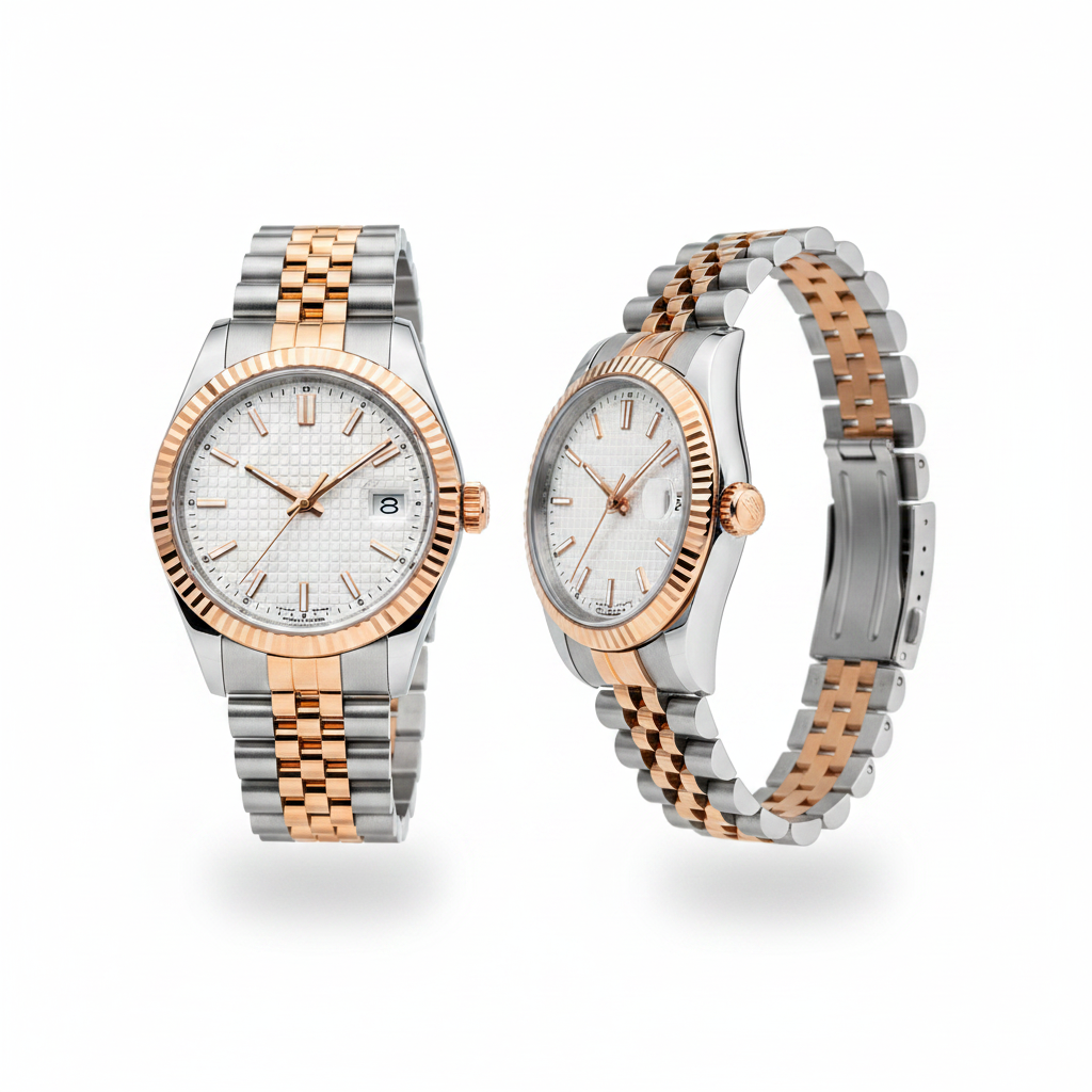 White honeycomb dial two-tone rose gold steel couple watch — ghost mannequin front and side view
