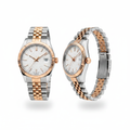 White honeycomb dial two-tone rose gold steel couple watch — ghost mannequin front and side view