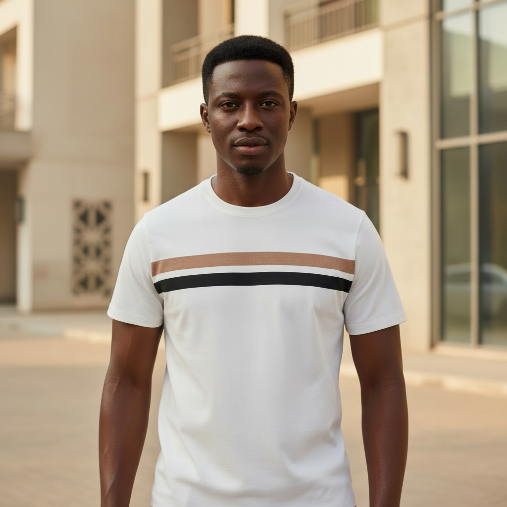 Stripe Crew Tee front view on Nigerian male model