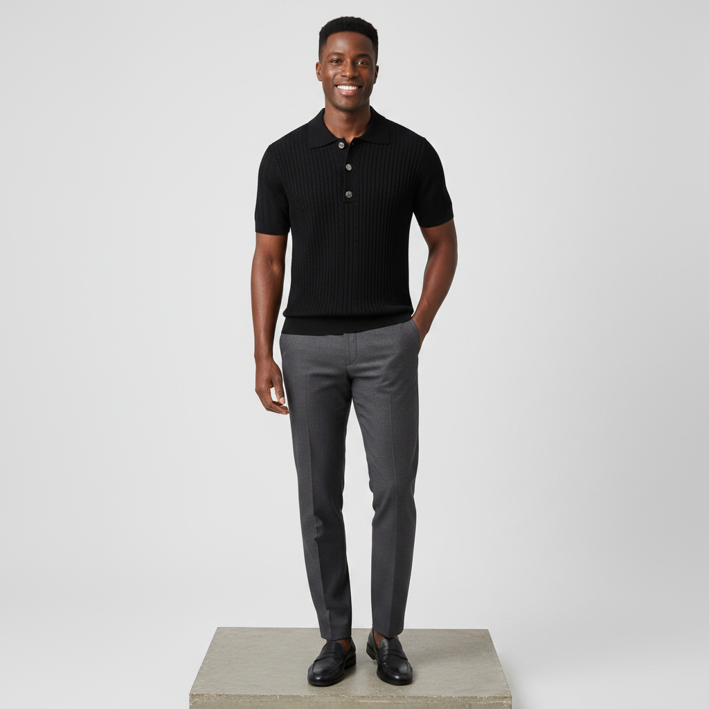 Black Ribbed Polo Silver Coin Buttons - Model Front