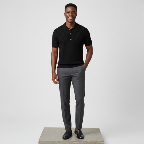 Black Ribbed Polo Silver Coin Buttons - Model Front