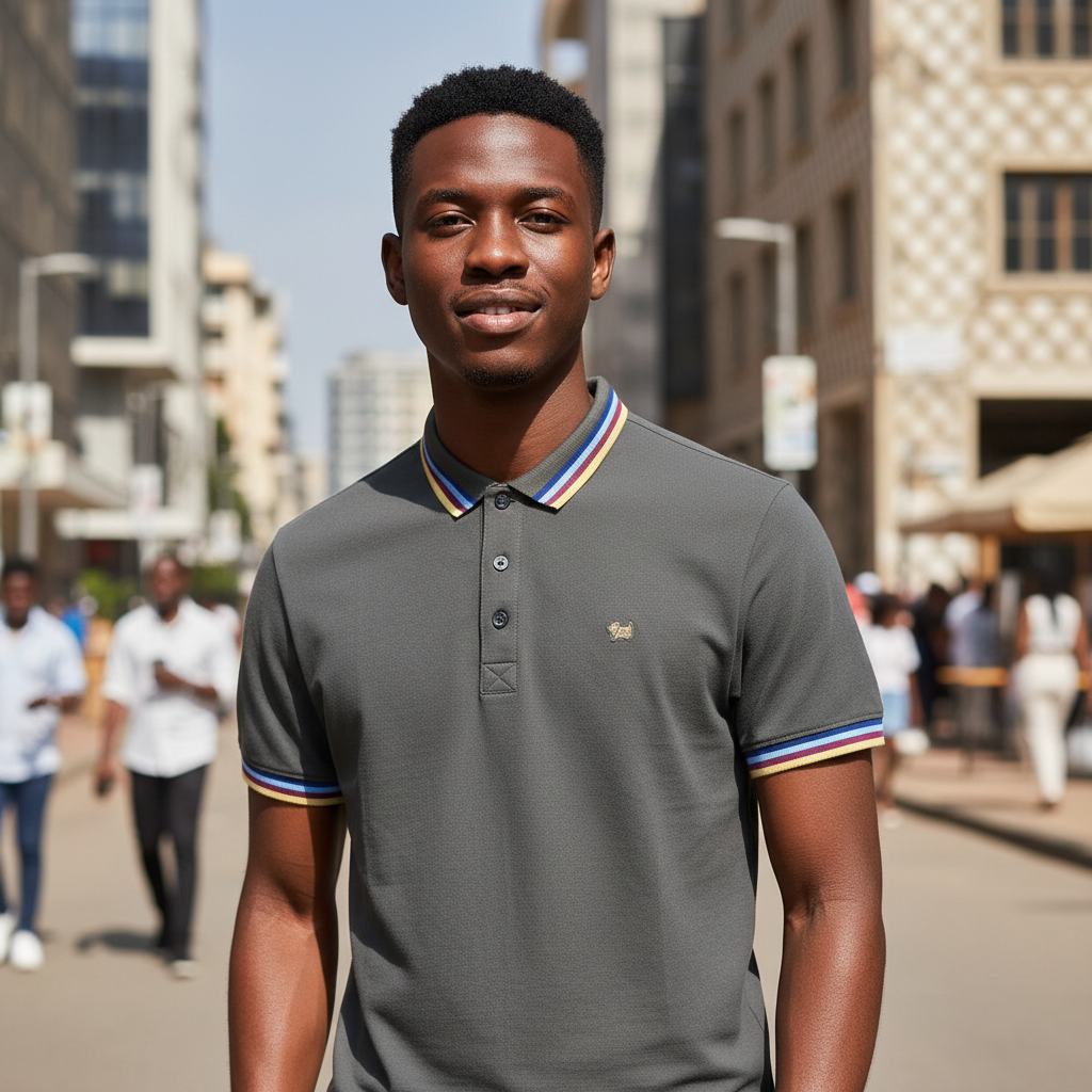 Young Nigerian male model wearing a dark grey polo shirt with striped trim