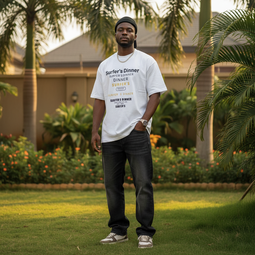 Nigerian male model wearing white black and gold stacked text graphic tee – front view