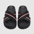 Men's black cross-strap slide slippers with stripe detail, front view