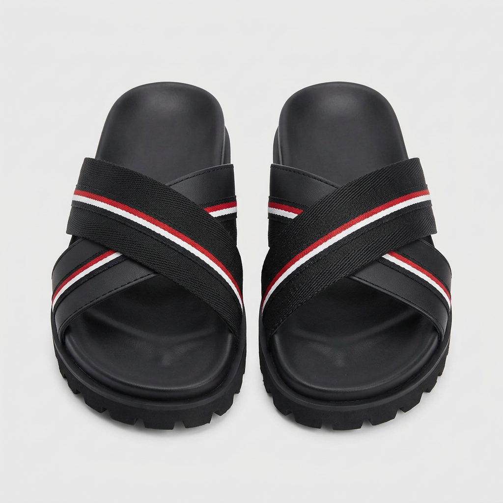 Men's black cross-strap slide slippers with stripe detail, front view