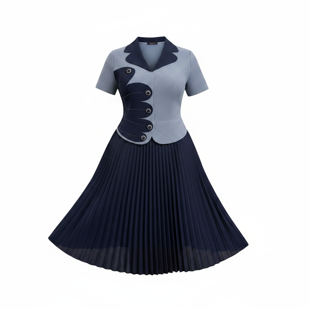 Ghost mannequin view of women's steel blue and navy colour-block button trim pleated midi two-piece set