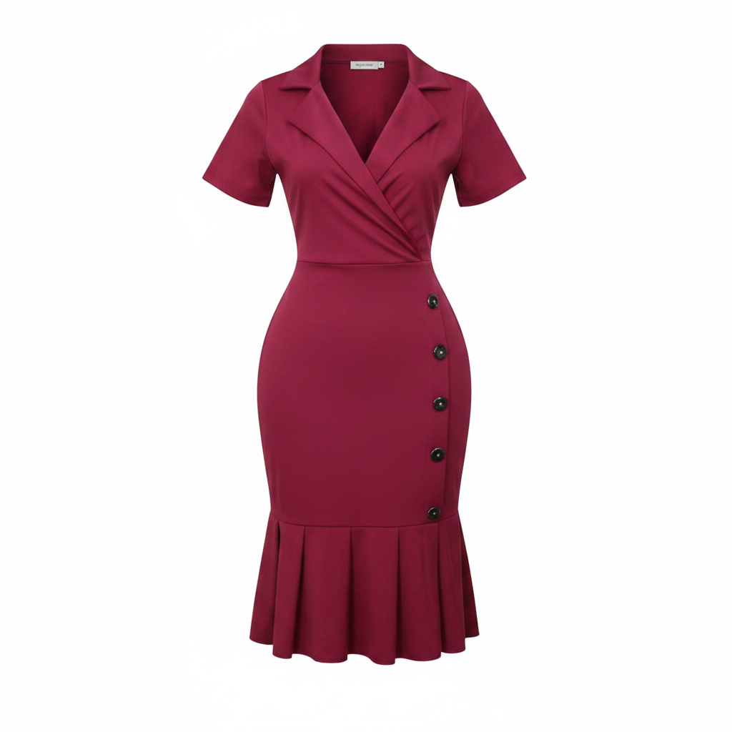 Women's Magenta Wrap-Front Pleated Hem Bodycon Midi Dress - Ghost Mannequin