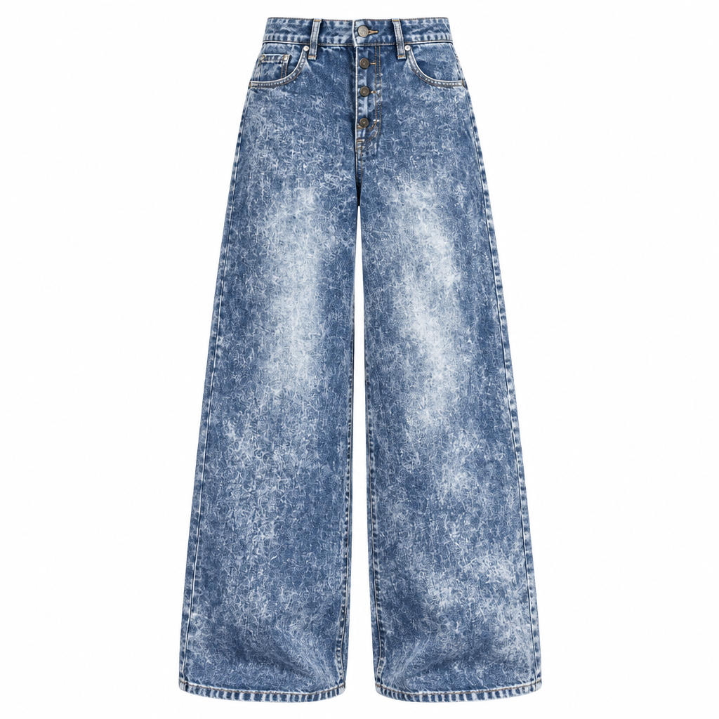 Women's acid snow wash high-rise wide-leg denim jeans ghost mannequin on white background