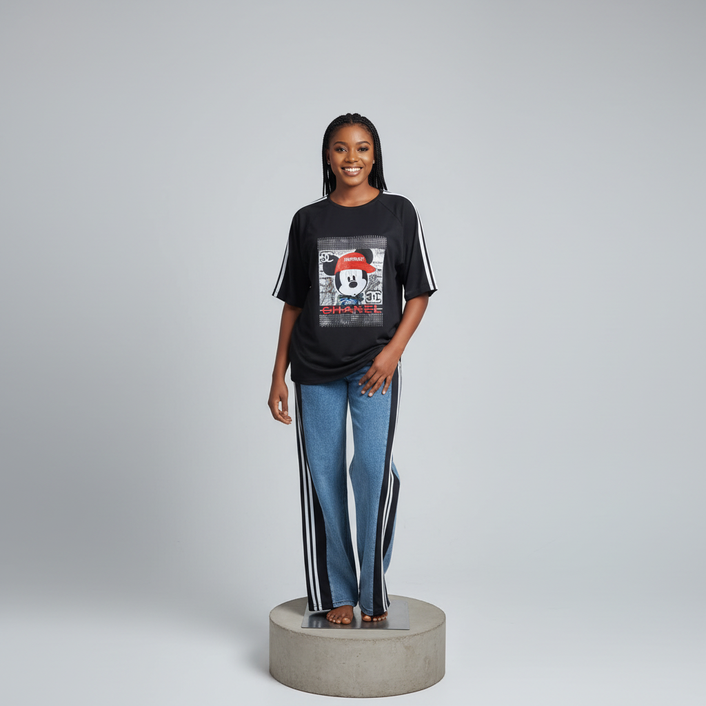 Nigerian female model front view - black graphic top and blue denim striped jeans set
