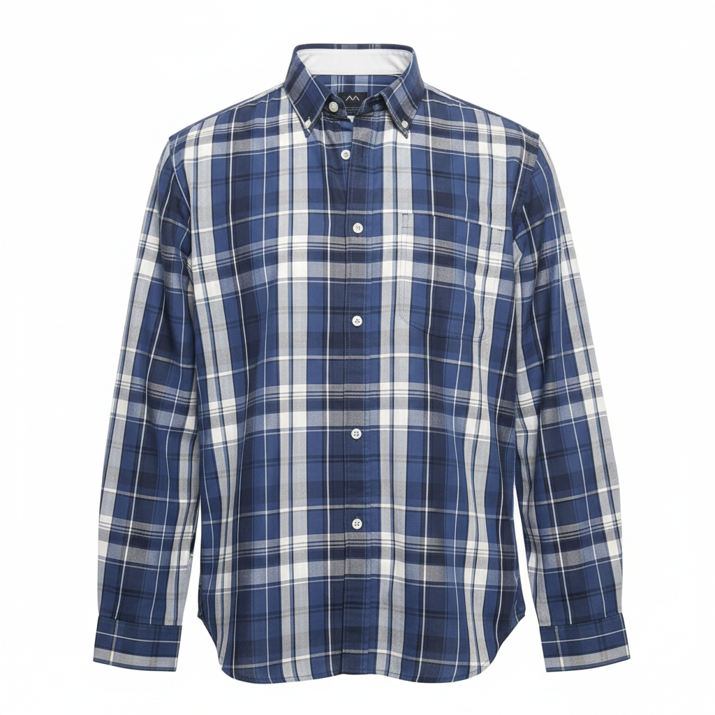 Navy blue grey plaid long-sleeved shirt ghost mannequin front view