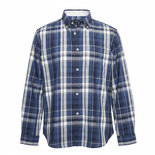 Navy blue grey plaid long-sleeved shirt ghost mannequin front view