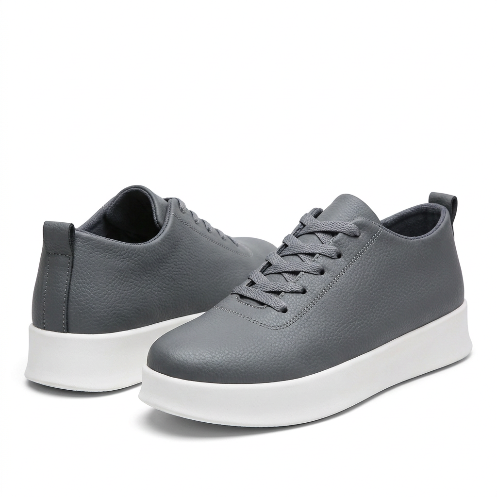 Pair of grey textured lace-up sneakers with white soles on white
