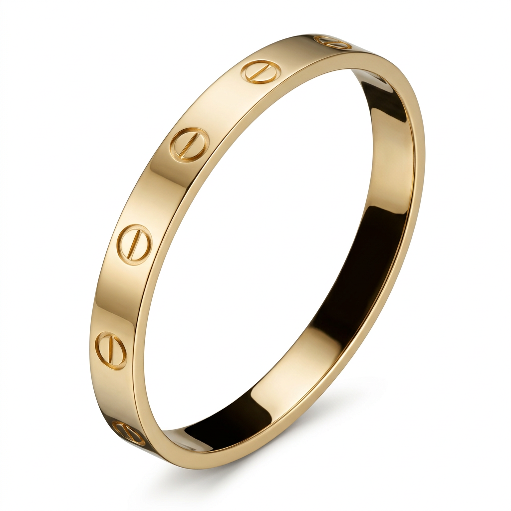 Gold-tone Love bangle with circular screw-head motifs on white