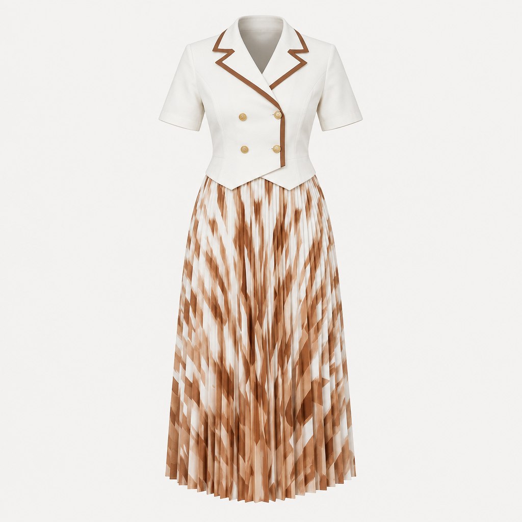 Ghost mannequin view of a white and tan gown with brown lapel trim and pleated geometric skirt