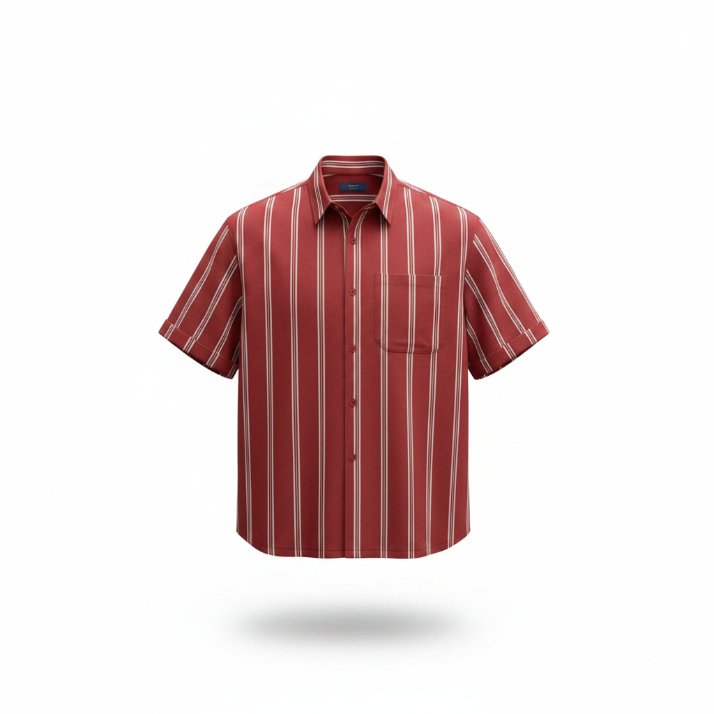 Men's Red Striped Short Sleeve Shirt - Ghost Mannequin Front View
