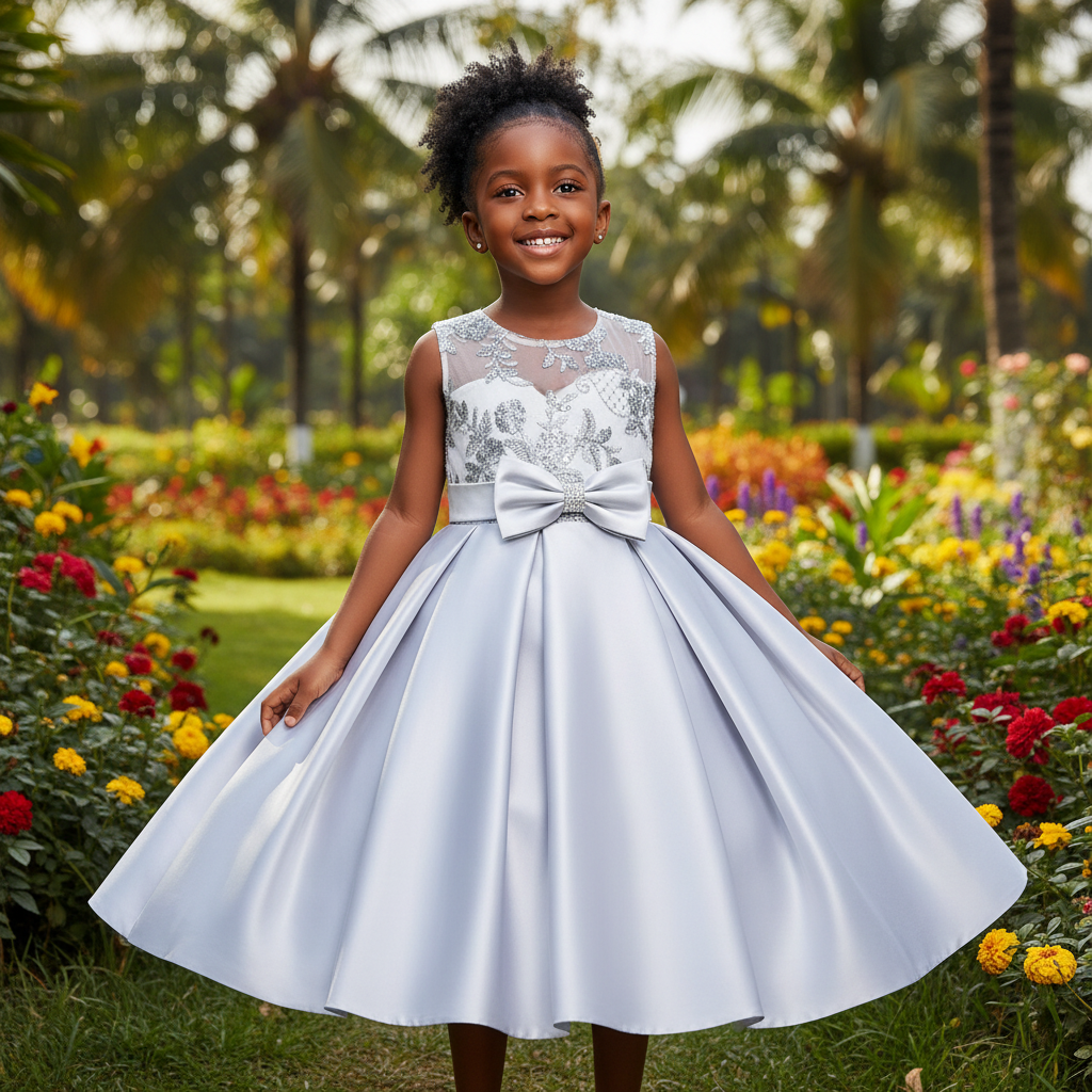 Young Nigerian girl wearing silver sequin lace bow satin ball gown