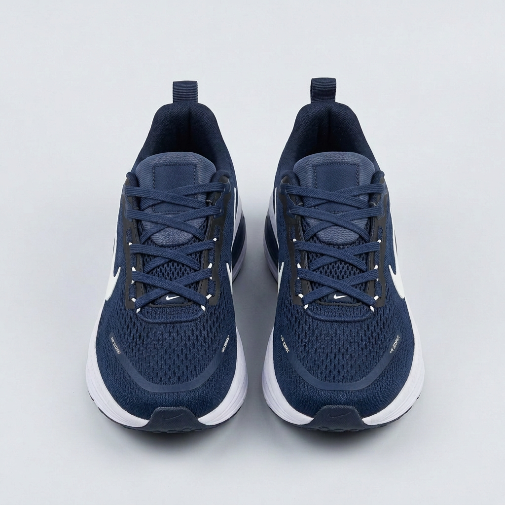 Navy and white mesh lace-up sneaker pair on a light grey background