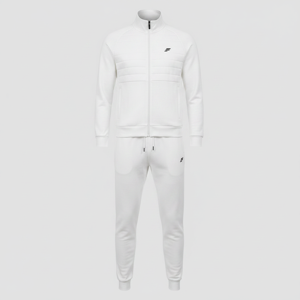 Men's all-white quilted zip-up tracksuit set on ghost mannequin
