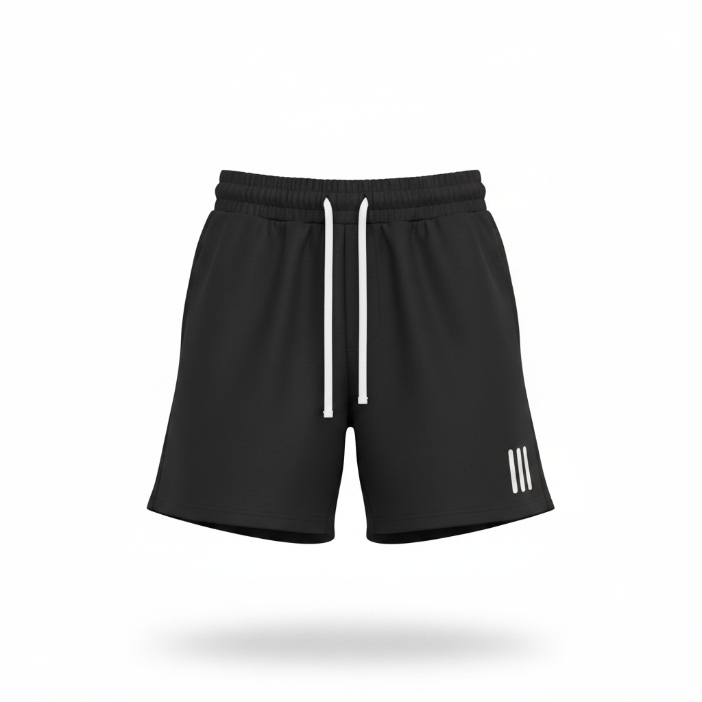 Ghost mannequin front view of black fleece drawstring shorts with triple stripe logo detail on lower leg