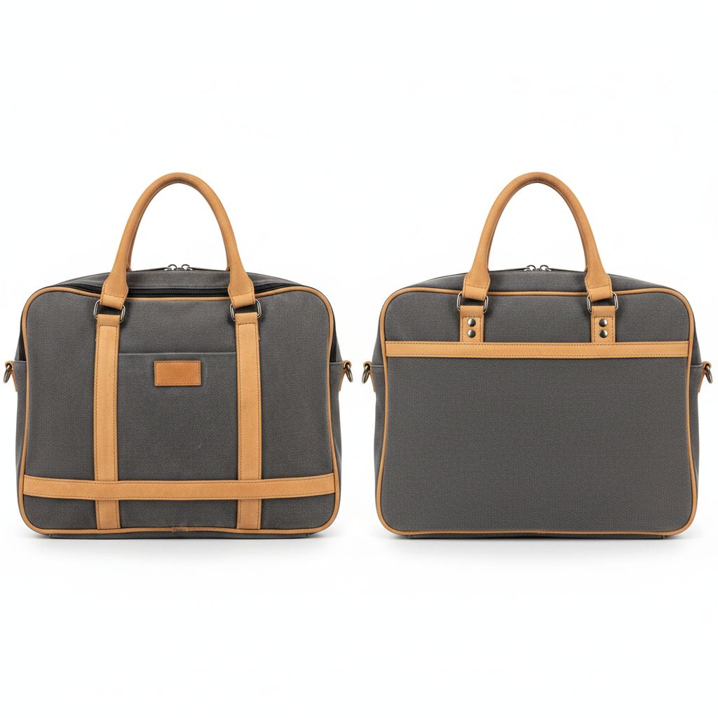 Sobar grey canvas tan leather laptop briefcase ghost mannequin front and back view