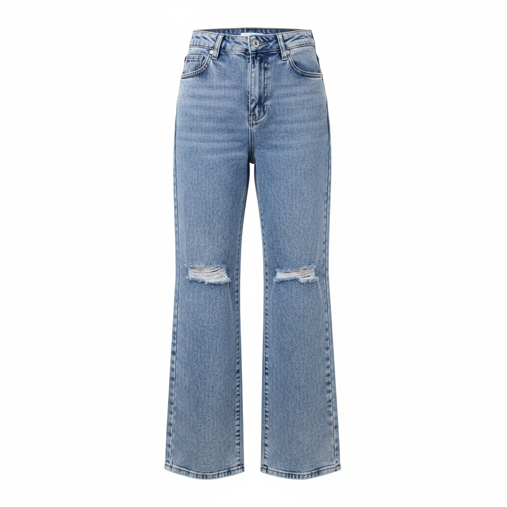 Light Blue Acid-Wash Ripped Knee Wide-Leg Jeans - Ghost Mannequin Front