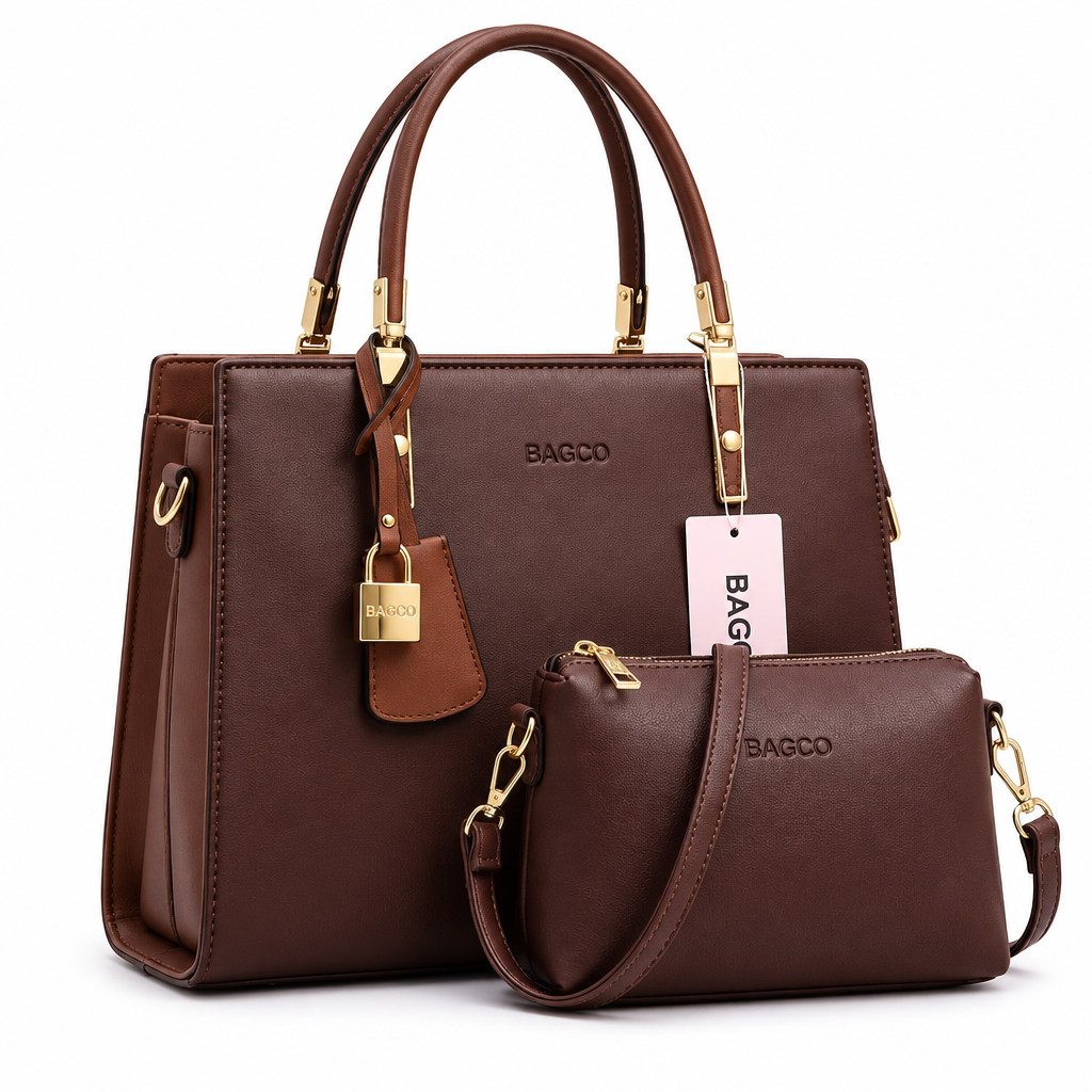 Structured brown handbag with matching small bag on white background