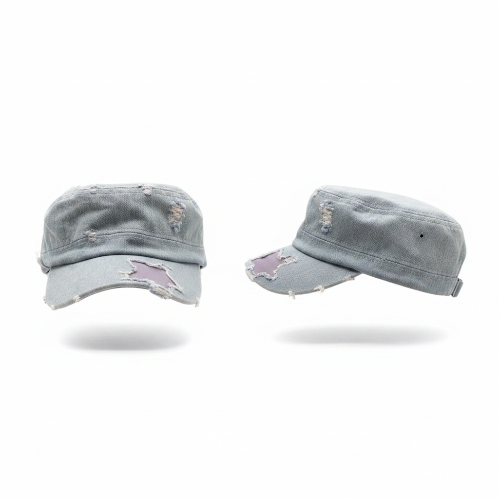 Distressed light wash blue denim military cadet cap ghost mannequin front and side view