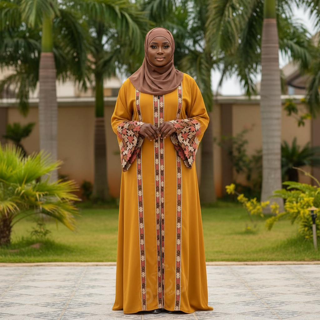 Mustard abaya with floral appliqué sleeves on Nigerian female model