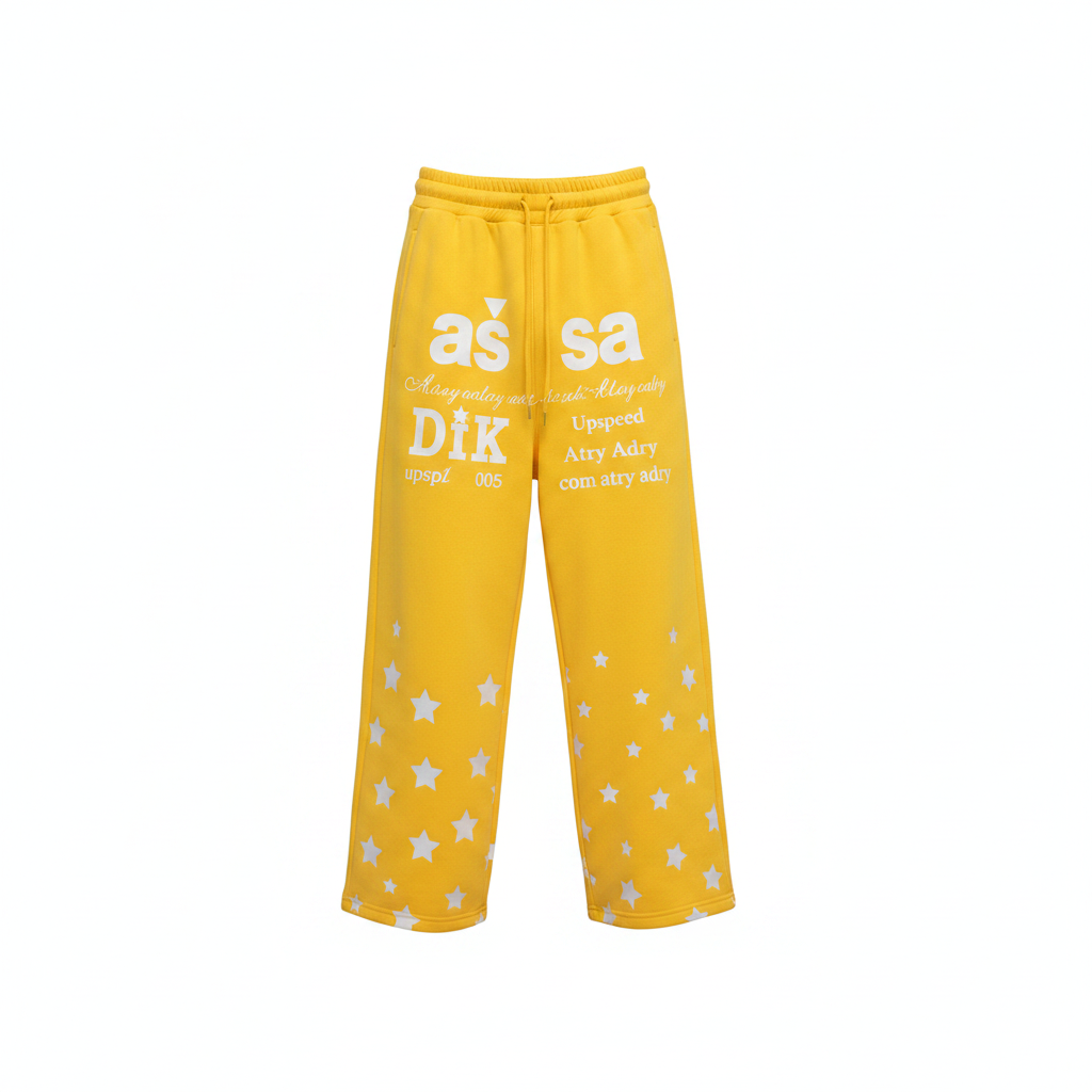 Men's yellow star print wide leg sweatpants ghost mannequin front view