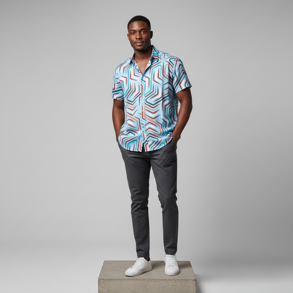 Nigerian male model wearing sky blue geometric print short-sleeved shirt, front view